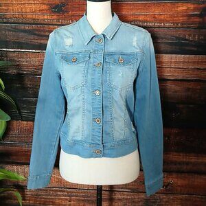 Wax Jean Jacket M Classic Cropped Fit Distressed Blue Denim Stretch
